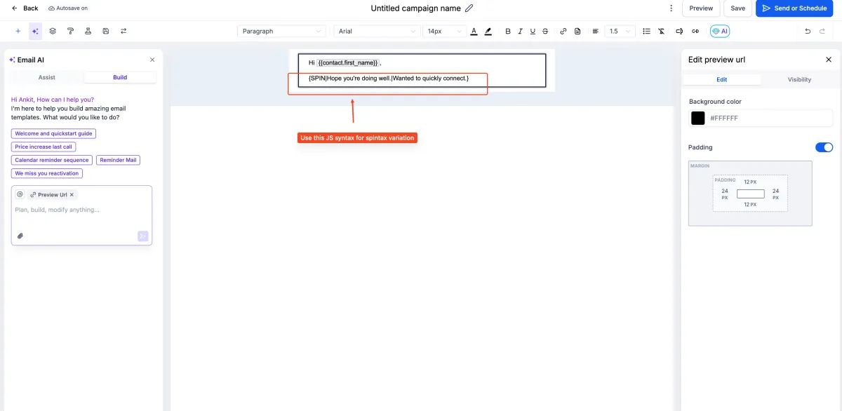 Spintax syntax holding several wordings of the same line in an email