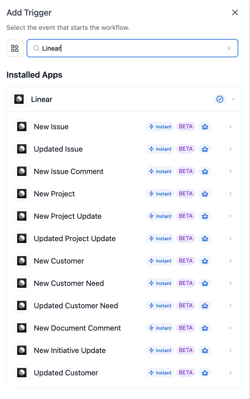 Linear triggers and actions available in the workflow builder
