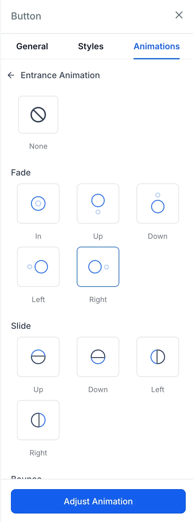 Entrance animation options applied to a layout block in the page builder