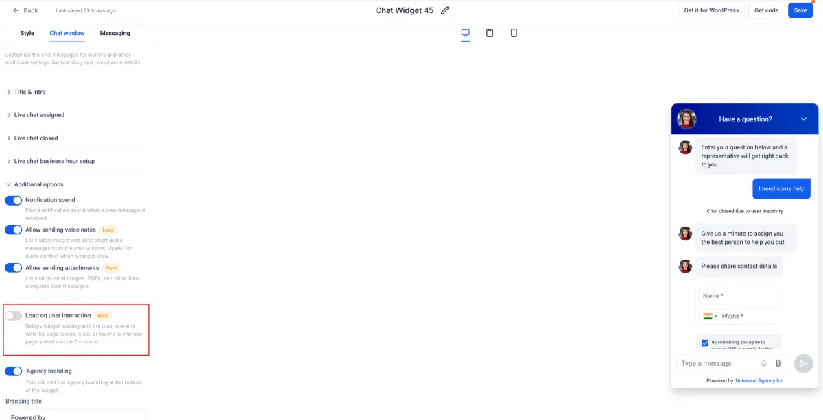 The load on user interaction toggle in the chat widget builder
