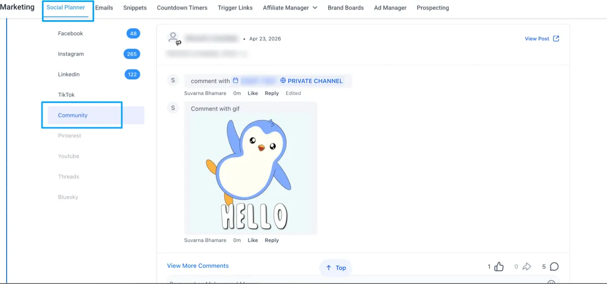 Community post comments sitting alongside social comments in Social Planner