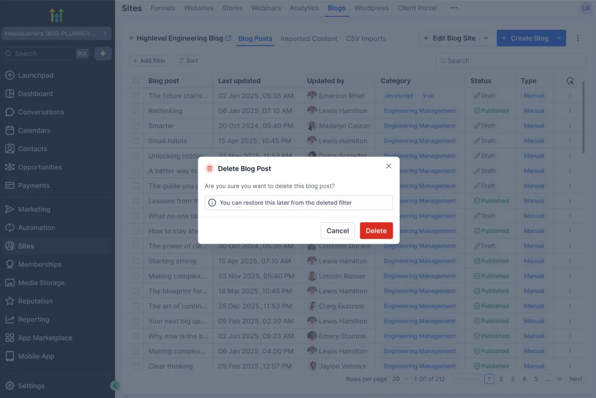 The Deleted filter in the blog post list, with restore available on each post