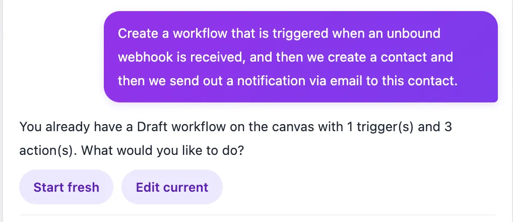 The rebuilt workflow AI builder streaming its step-by-step progress as it works