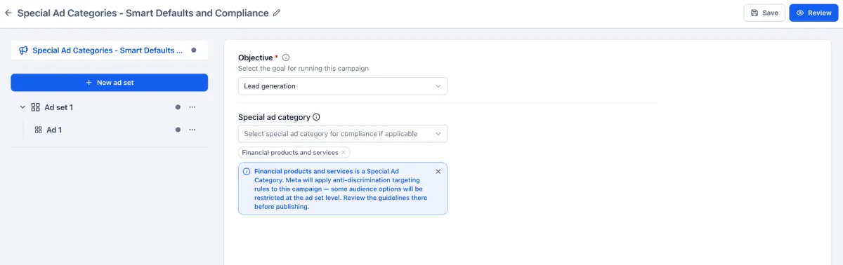 A compliance warning on targeting values for a special ad category campaign