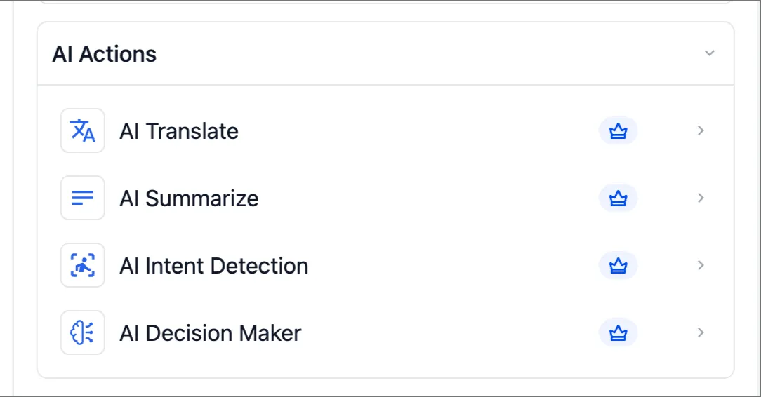 The renamed and reorganised AI actions in the Clientflow workflow builder