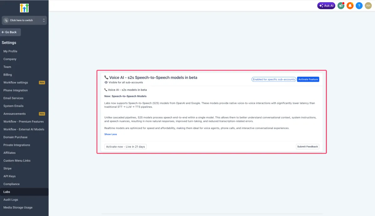 A Speech-to-Speech Voice AI agent selected in the chat widget settings A Speech-to-Speech Voice AI agent selected in the chat widget settings