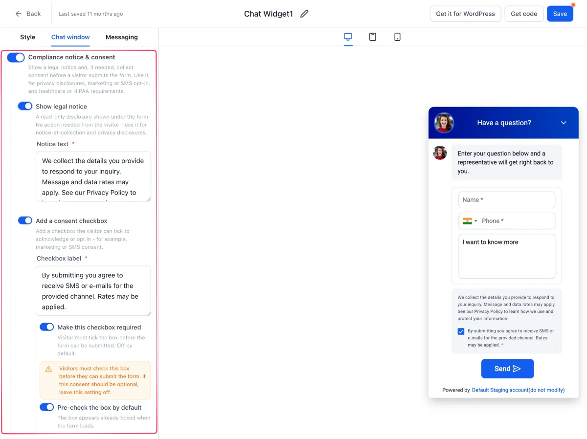 Chat widget settings showing separate controls for a legal notice and a consent checkbox with custom wording Chat widget settings showing separate controls for a legal notice and a consent checkbox with custom wording