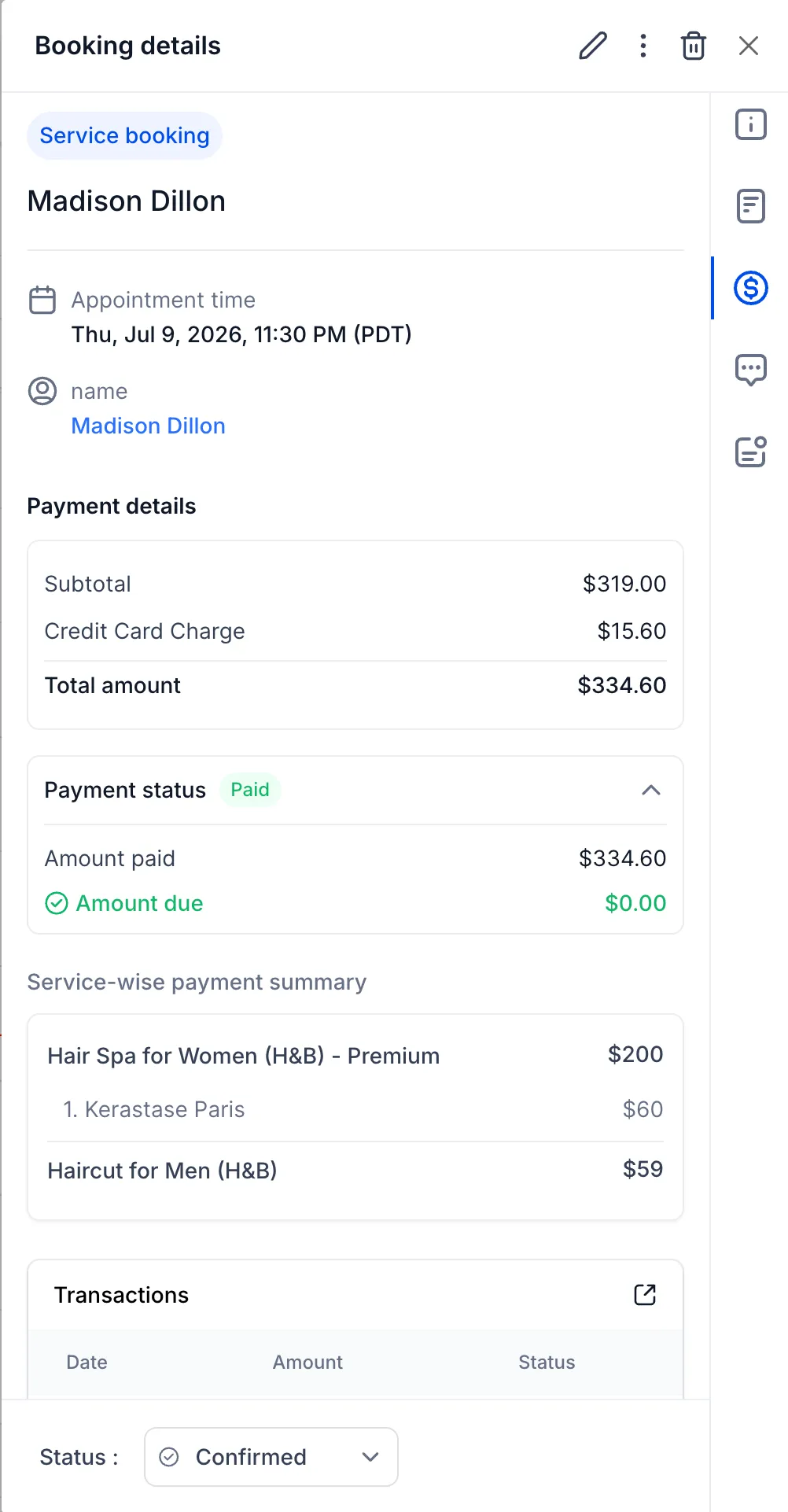 A paid service booking being edited with the payment reconciled