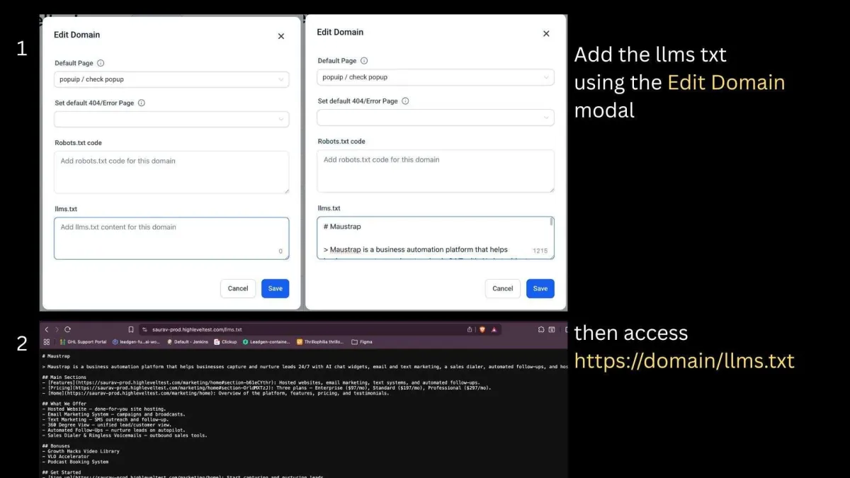 An llms.txt file edited per domain inside the platform