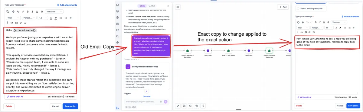 The AI builder applying a scoped edit across selected workflow actions