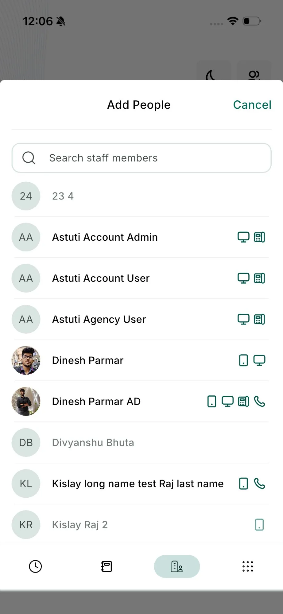 The call transfer screen showing available staff and the devices each can be reached on