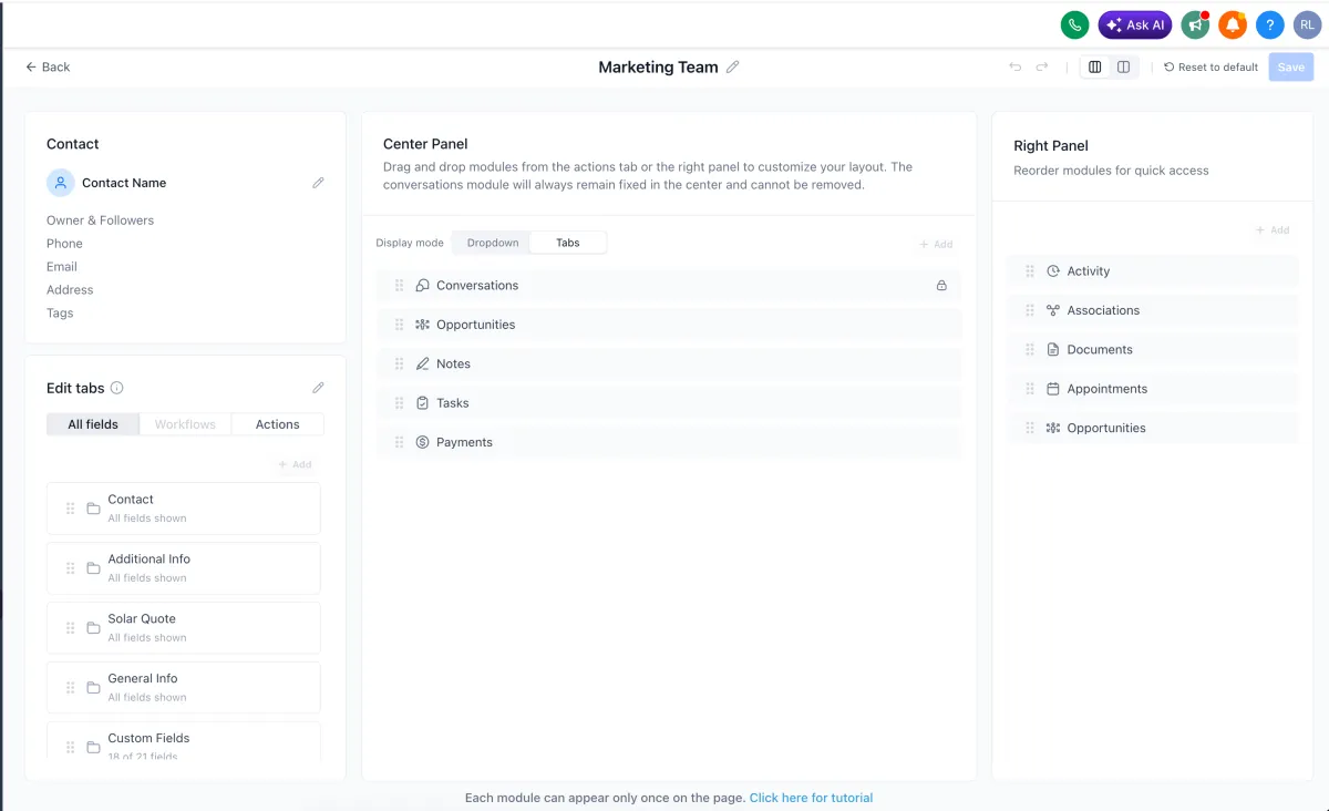 The contact page layout editor with modules arranged across panels