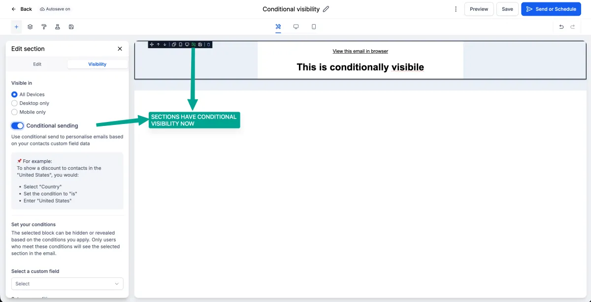 Conditional visibility rules applied to a whole layout block in the email builder