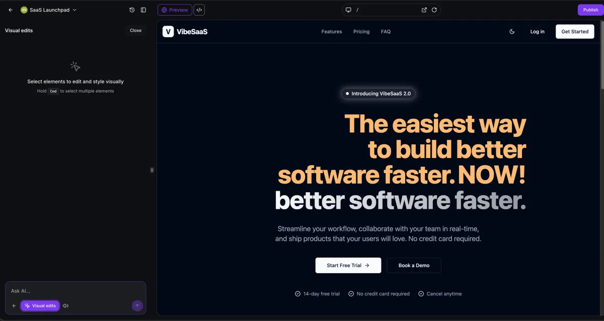 Visual Edits in AI Studio with the context-sensitive element editing panel open