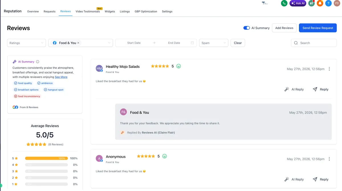 A Reviews AI agent set up to respond to Facebook reviews