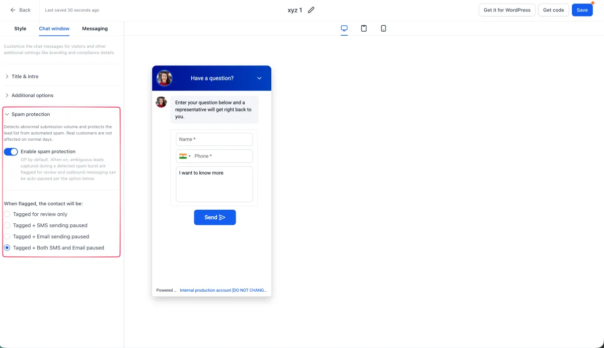 Chat widget settings with spam protection switched on and flagged contacts set to have both SMS and email sending paused