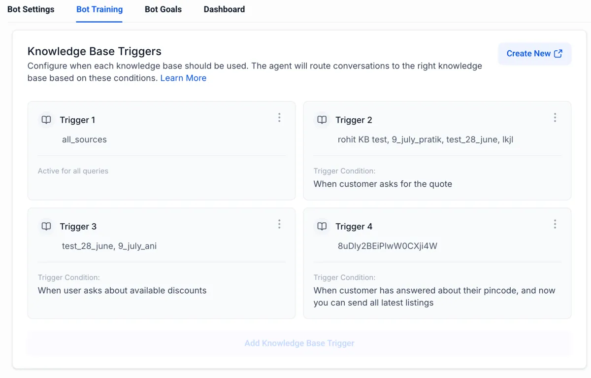 Knowledge base triggers configured in Conversation AI, each pointing at a specific knowledge base Knowledge base triggers configured in Conversation AI, each pointing at a specific knowledge base
