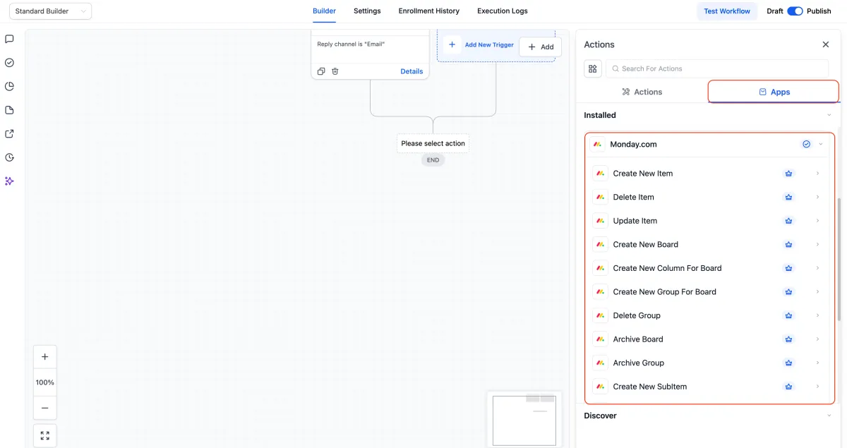 Monday.com actions available in the workflow builder