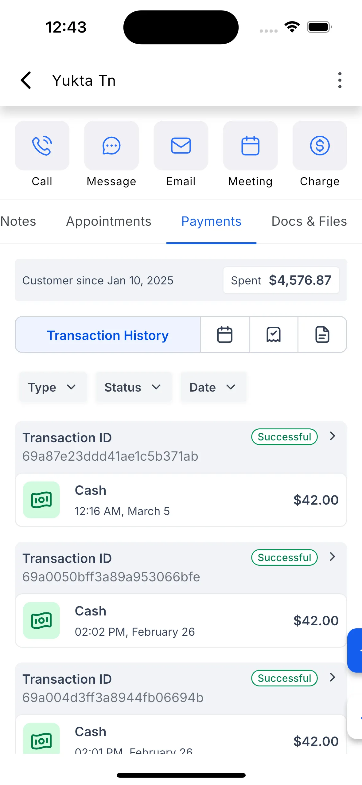 The payments tab inside a contact record on mobile