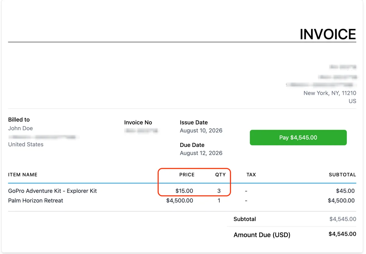 A rental invoice showing unit price and quantity separately rather than one lump line A rental invoice showing unit price and quantity separately rather than one lump line