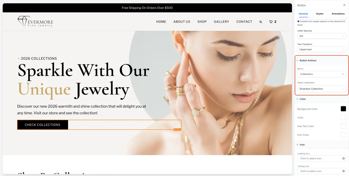 Ecommerce actions available in a button’s Link To setting