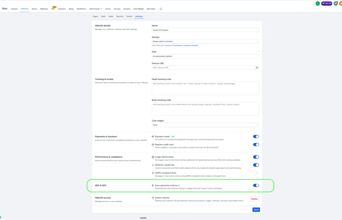 The auto-generate schema setting in the SEO and AEO section