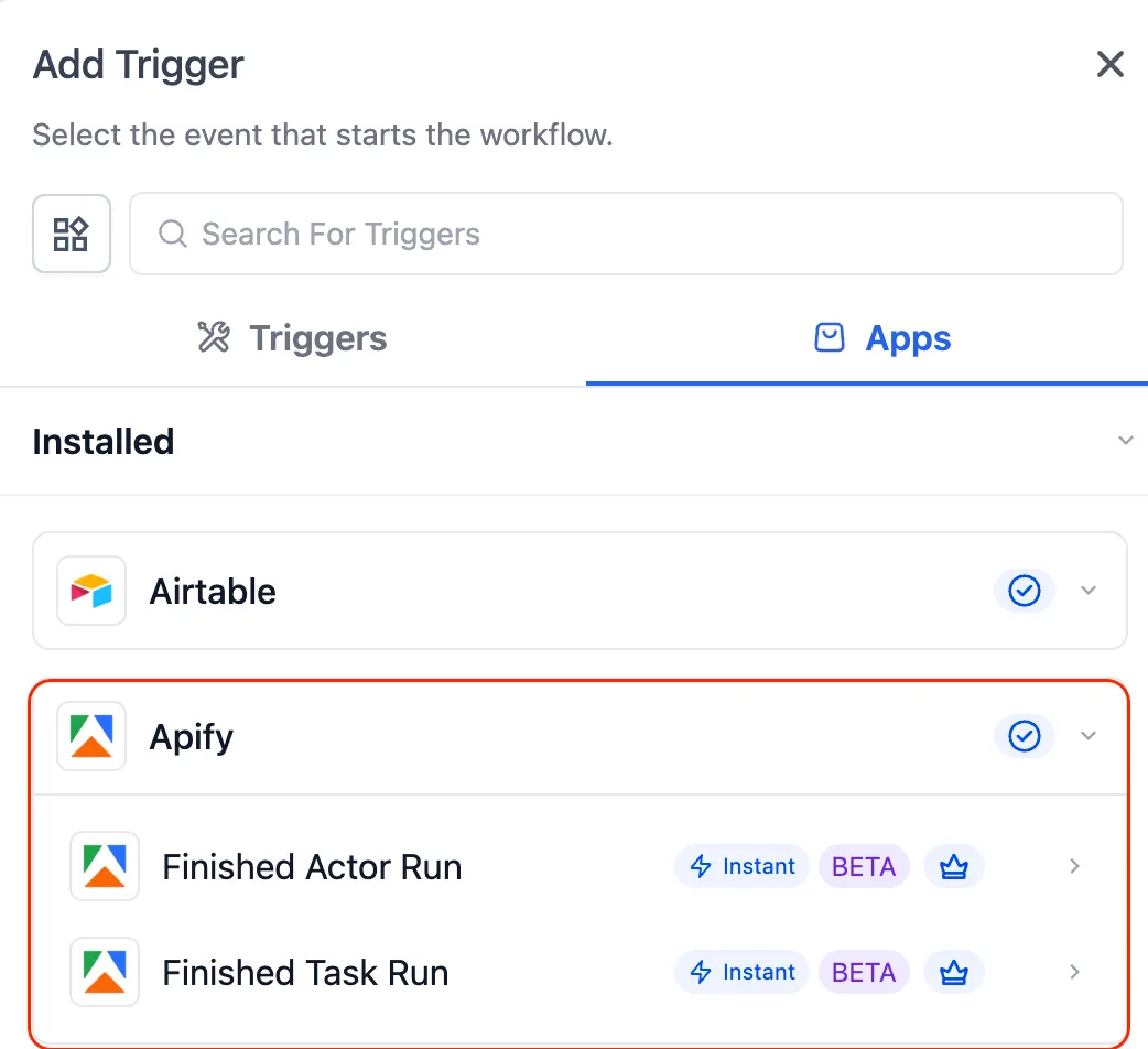 Apify actions and triggers available natively inside the workflow builder