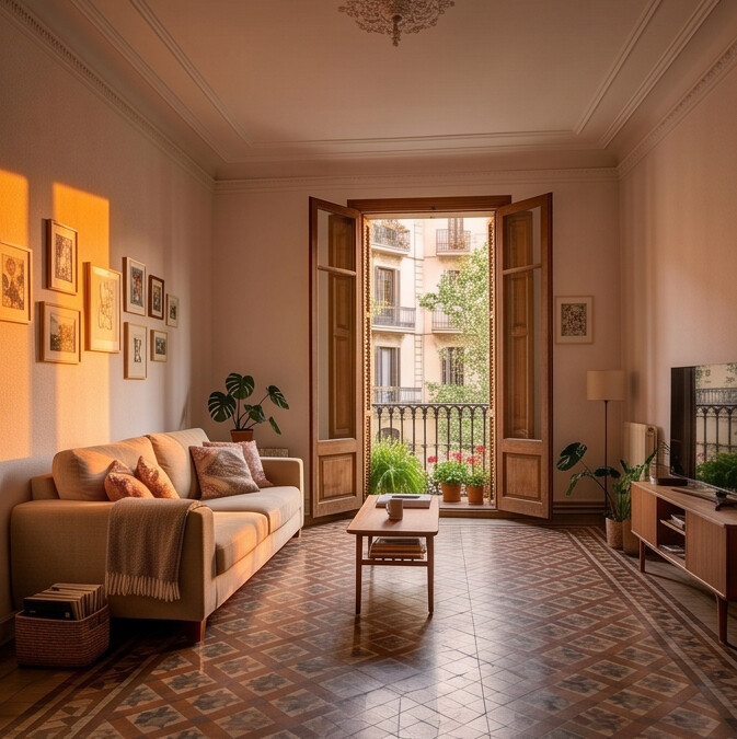 Salón de un piso en Barcelona completamente vacío durante el día