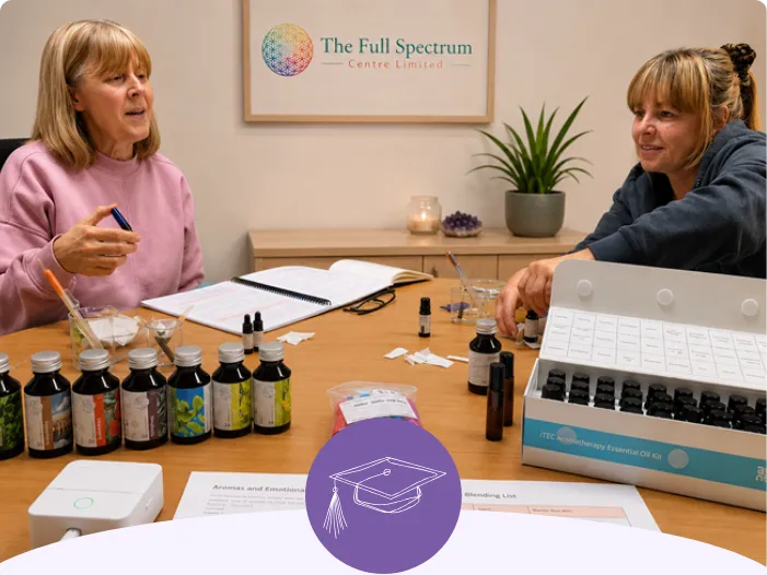 Adult aromatherapy learners blending essential oils in a professional training room at The Full Spectrum Centre Limited in Dukinfield