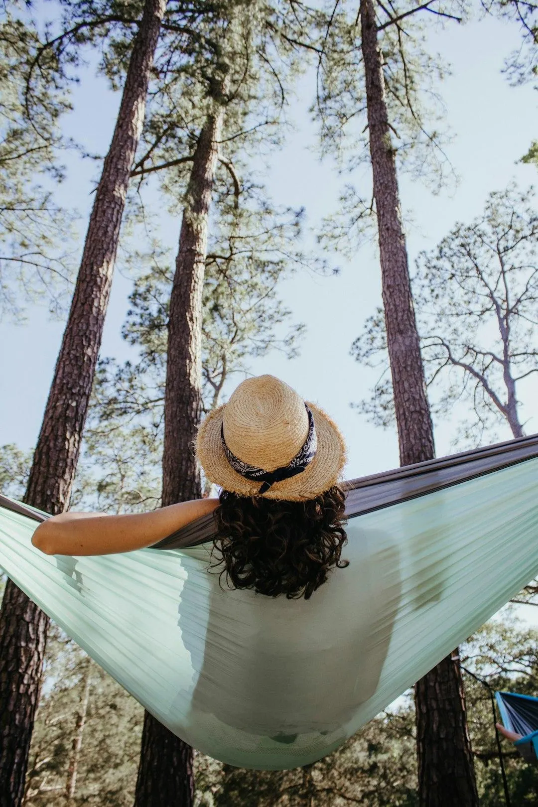 women retired on hammock looking up at trees