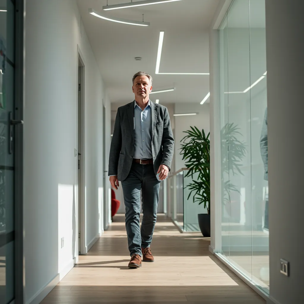 Man dressed in Business Casual walking confidently down an office alway