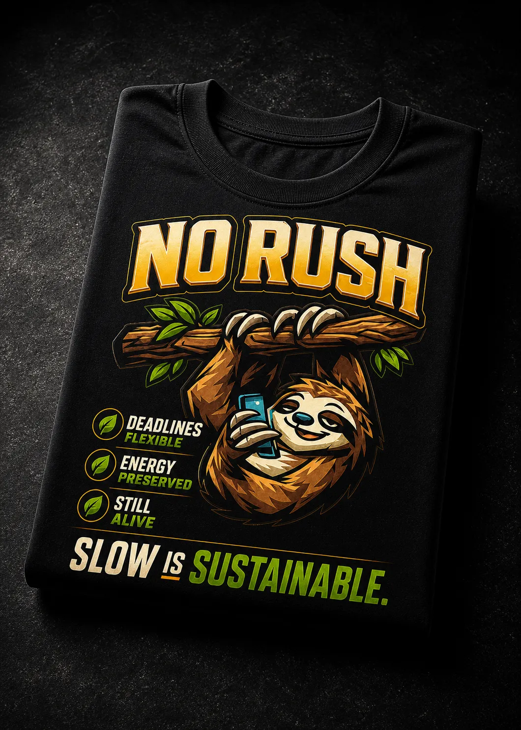 Lifestyle mockup of someone wearing the Unmotivated Animals No Rush tee