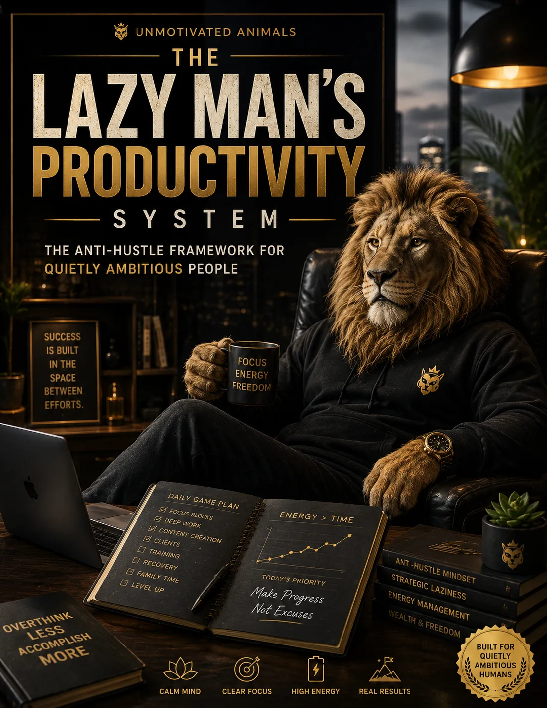 A sophisticated sloth mascot leaning on leather-bound planners