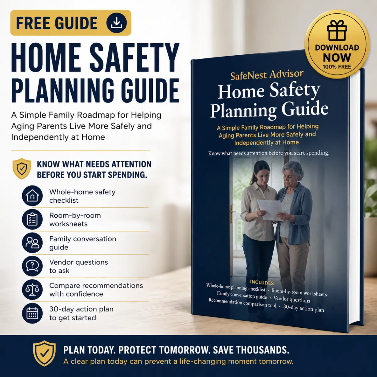 A high-end 3D mockup of a beautifully printed home safety checklist resting on a soft wooden surface