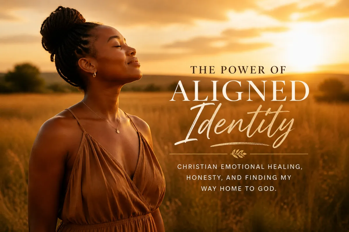 Black woman standing peacefully in golden sunlight with eyes closed, representing emotional healing, aligned identity, and reconnecting with God.