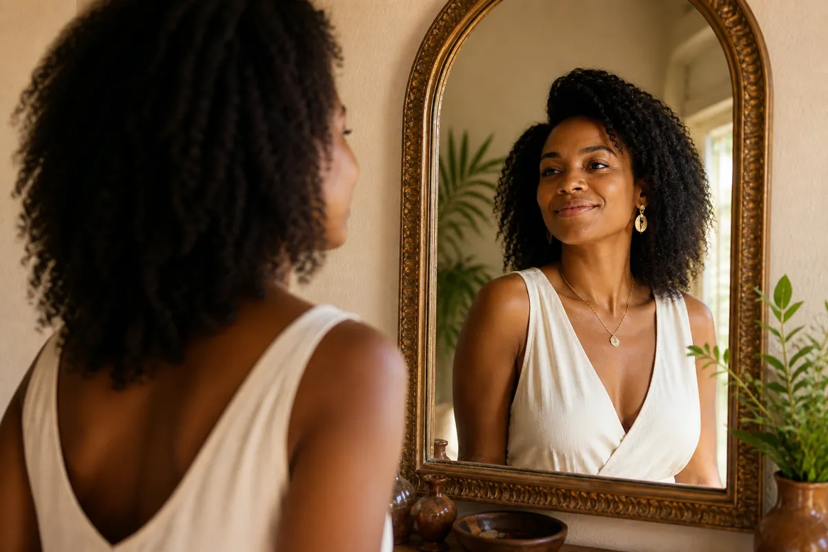 Black woman looking at her reflection in a mirror with calm confidence, representing identity, self-worth, and seeing herself through God’s truth.