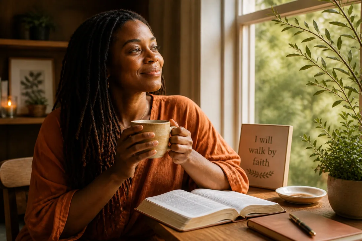 Black woman sitting by a window reading her Bible and holding a cup of coffee, representing quiet time with God, faith, and a peaceful daily routine.