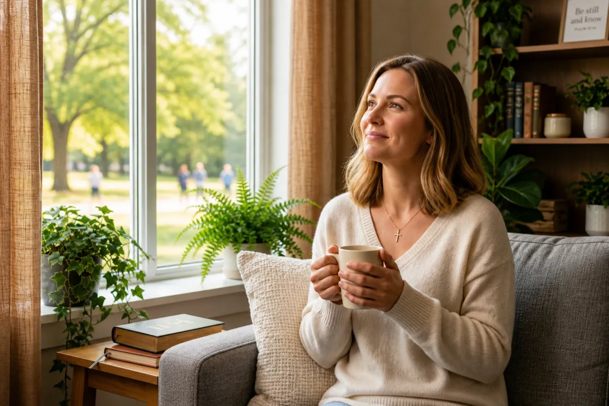 Christian woman sitting by a window holding coffee, reflecting peacefully, representing faith, quiet time with God, and a calm, aligned lifestyle.