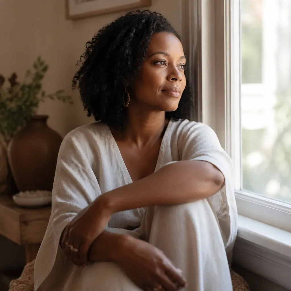 A beautiful Black woman in her 30s sitting in a sunlit room, looking contemplative and peaceful, anchored in a moment of stillness while healing from trauma.