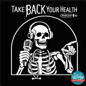 Take Back your health podcast logo with skeleton wearing headphones