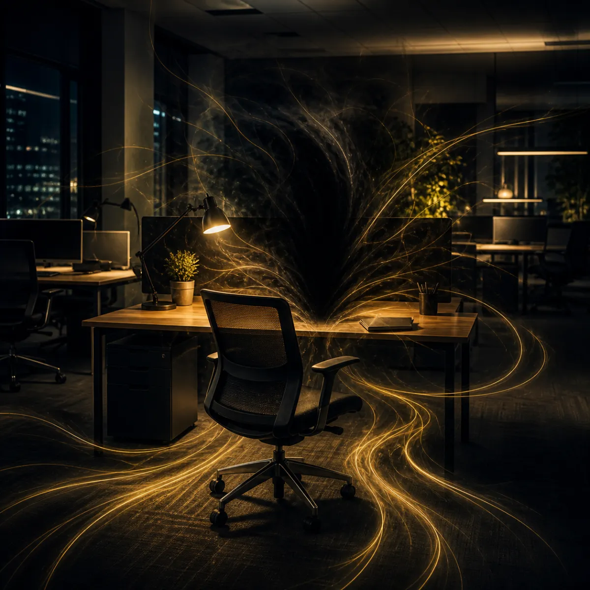 Office desk affected by a draining energetic void in a space clearing case study