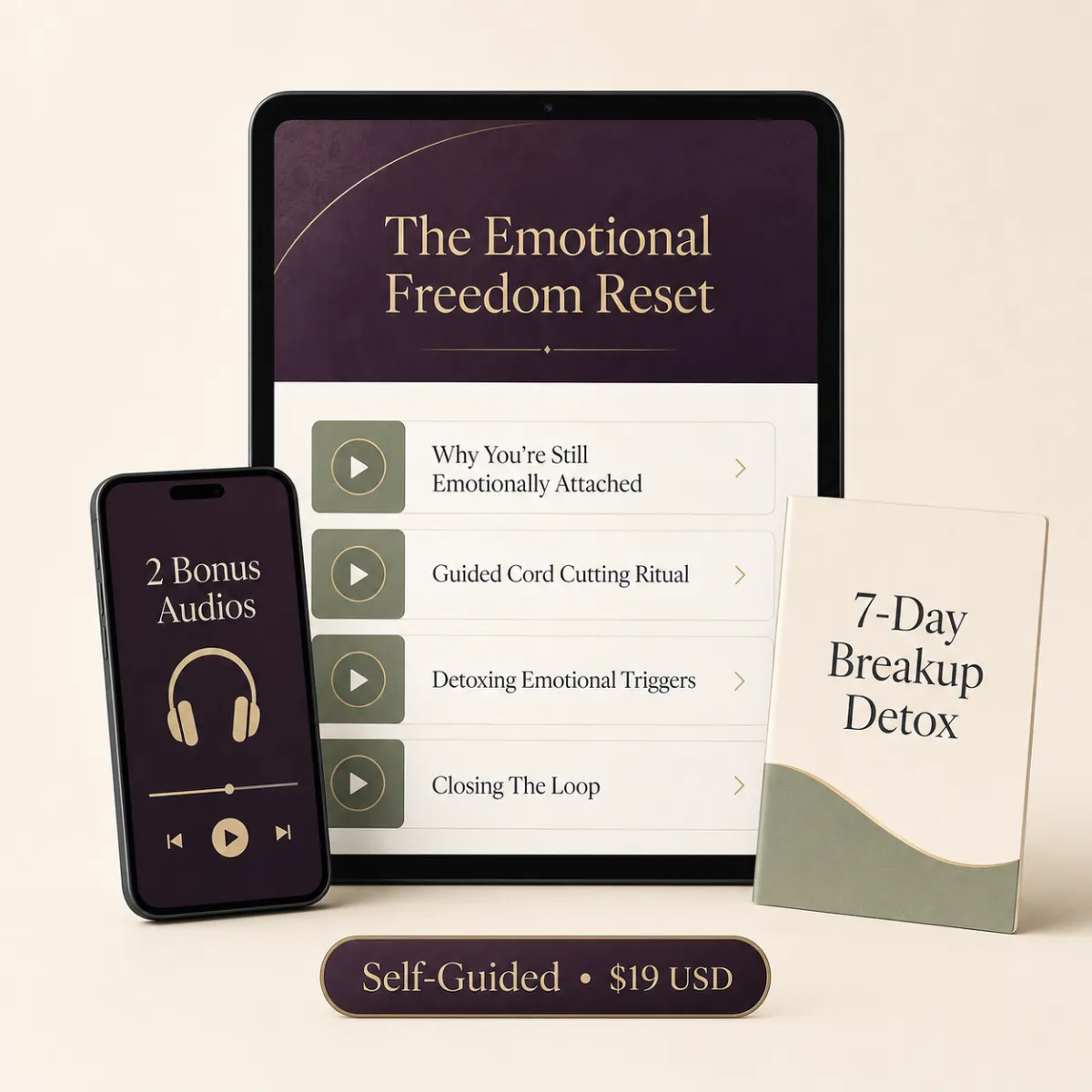 Emotional Freedom Reset course with four breakup-recovery lessons, two bonus audios and a 7-Day Breakup Detox resource