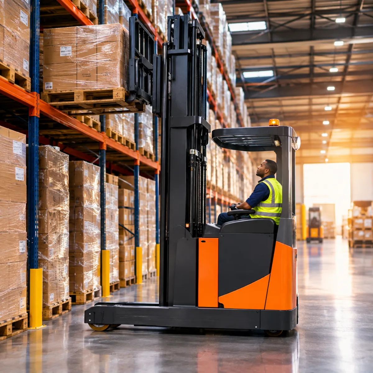 Modern forklift moving inventory in a well-lit commercial warehouse
