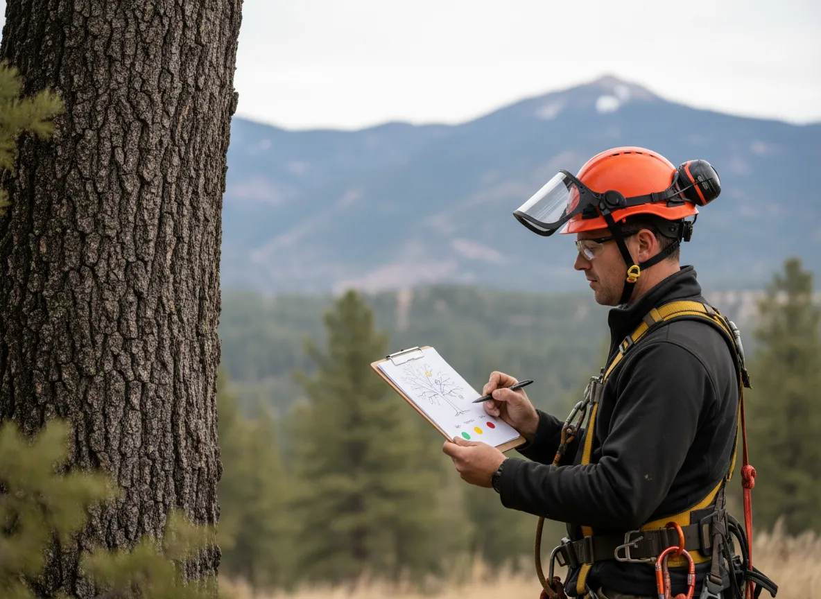 Arborist using binoculars to assess canopy structure and defects in Utah