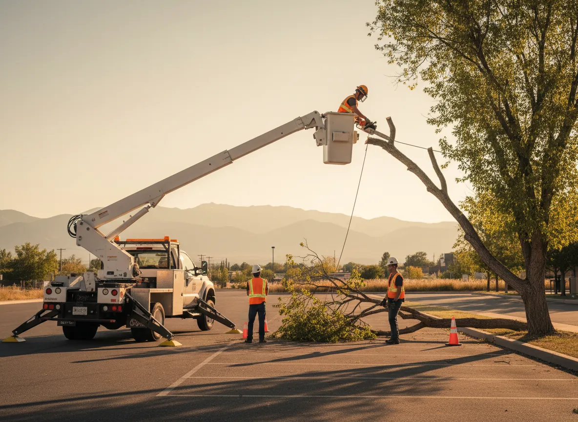 Arborist lowering a large branch with rigging during removal in Utah