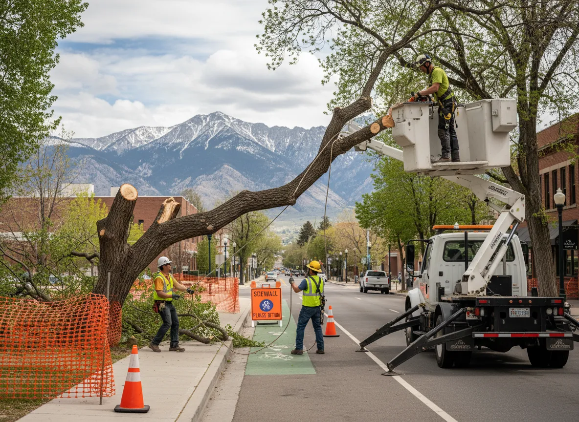 Arborist removing a heavy limb near a roofline using ropes in Utah