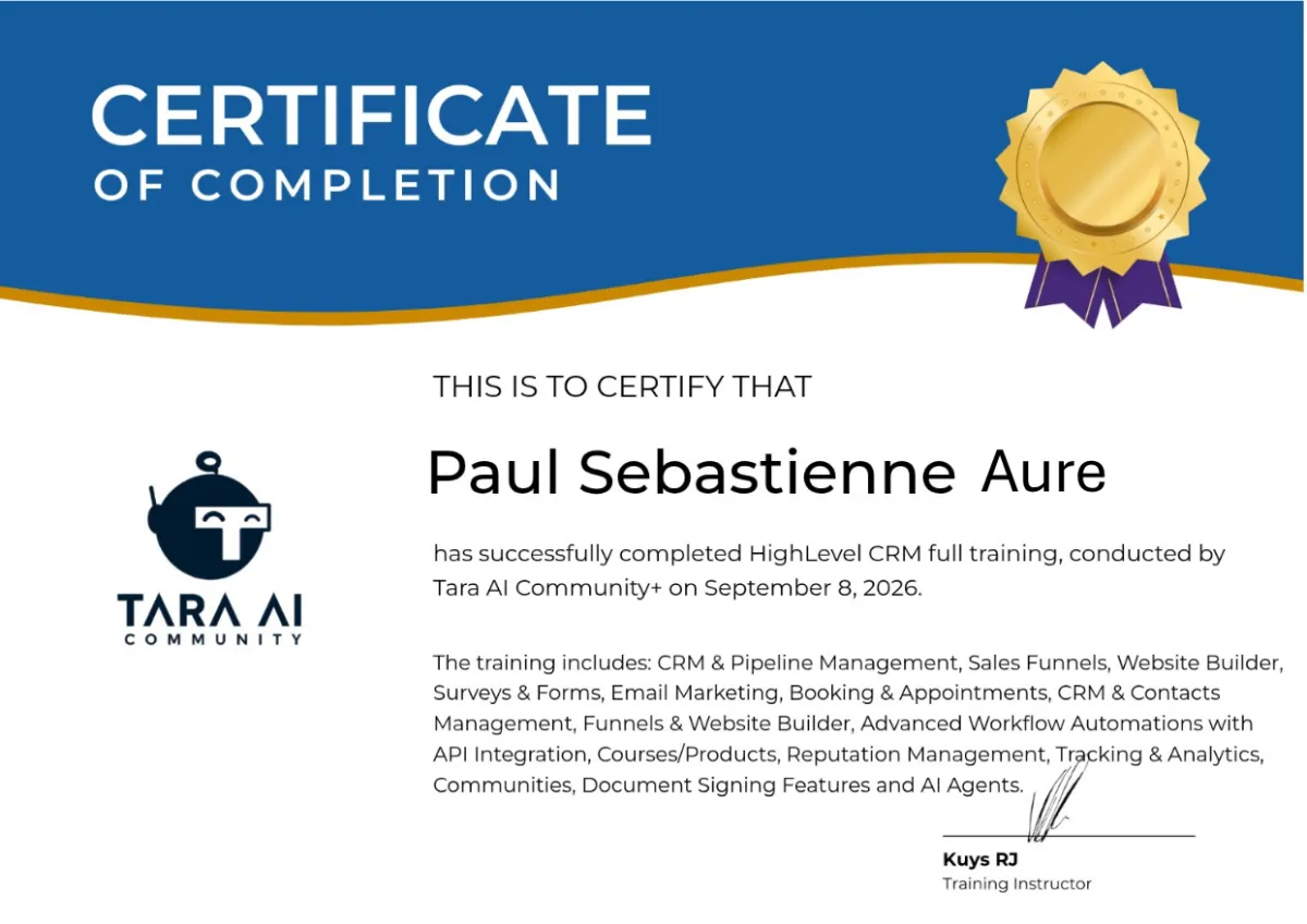 GoHighLevel CRM automation training certificate awarded to Paul Sebastienne Aure
