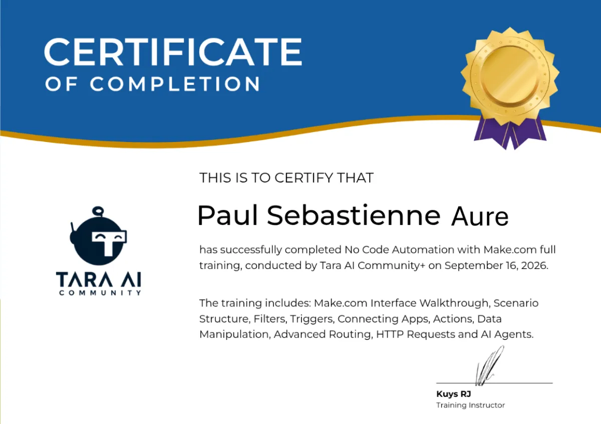 Make.com no-code automation training certificate awarded to Paul Sebastienne Aure