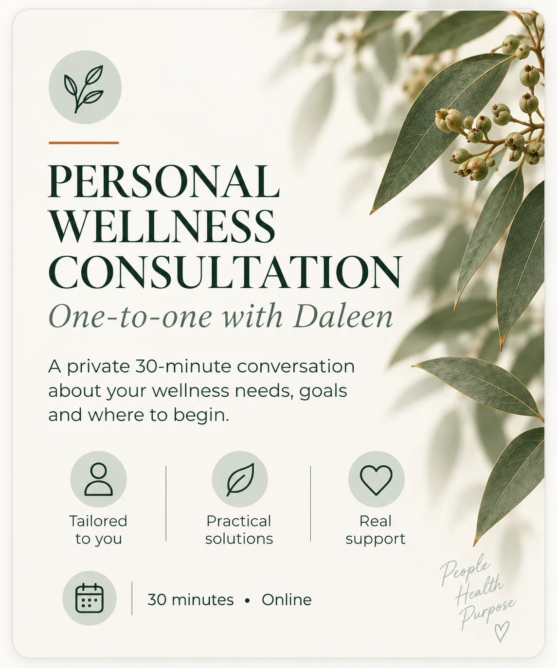 Personal wellness consultation with Daleen Steyn for one-to-one natural wellness guidance online