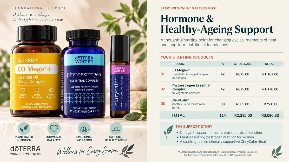 Hormone and healthy-ageing wellness support with EO Mega+, Phytoestrogen Essential Complex and ClaryCalm